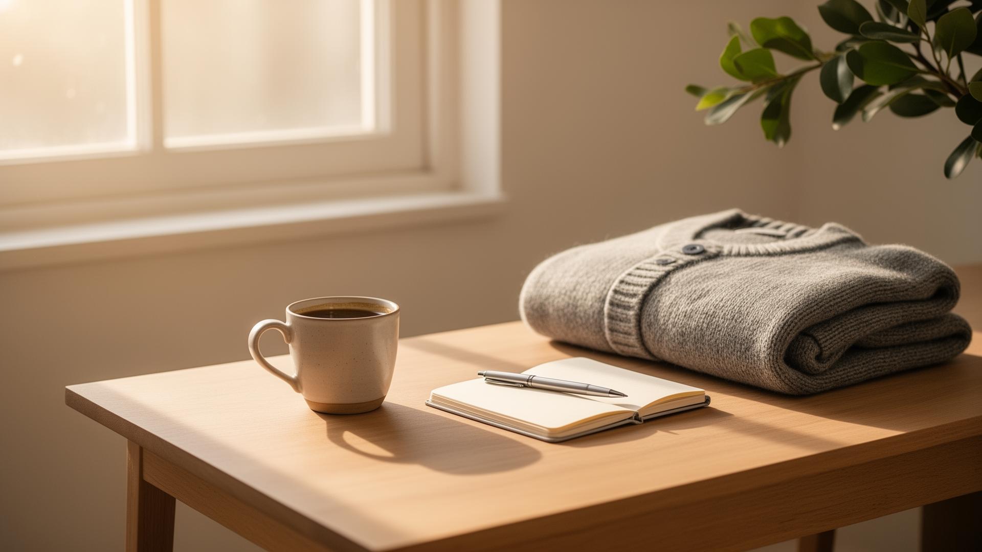 Quiet morning desk with coffee, notebook and natural light